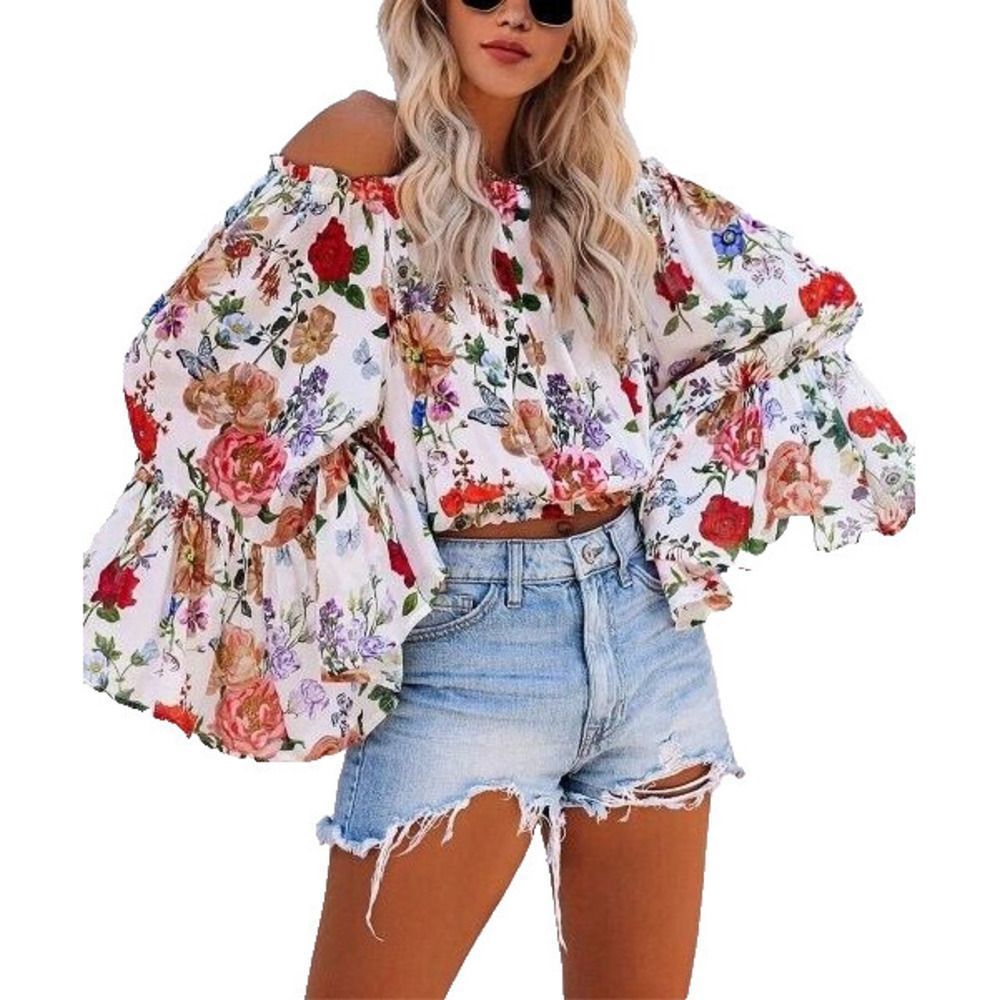 NXH Peach & Red Floral Bell Sleeve Convertible Top Size M